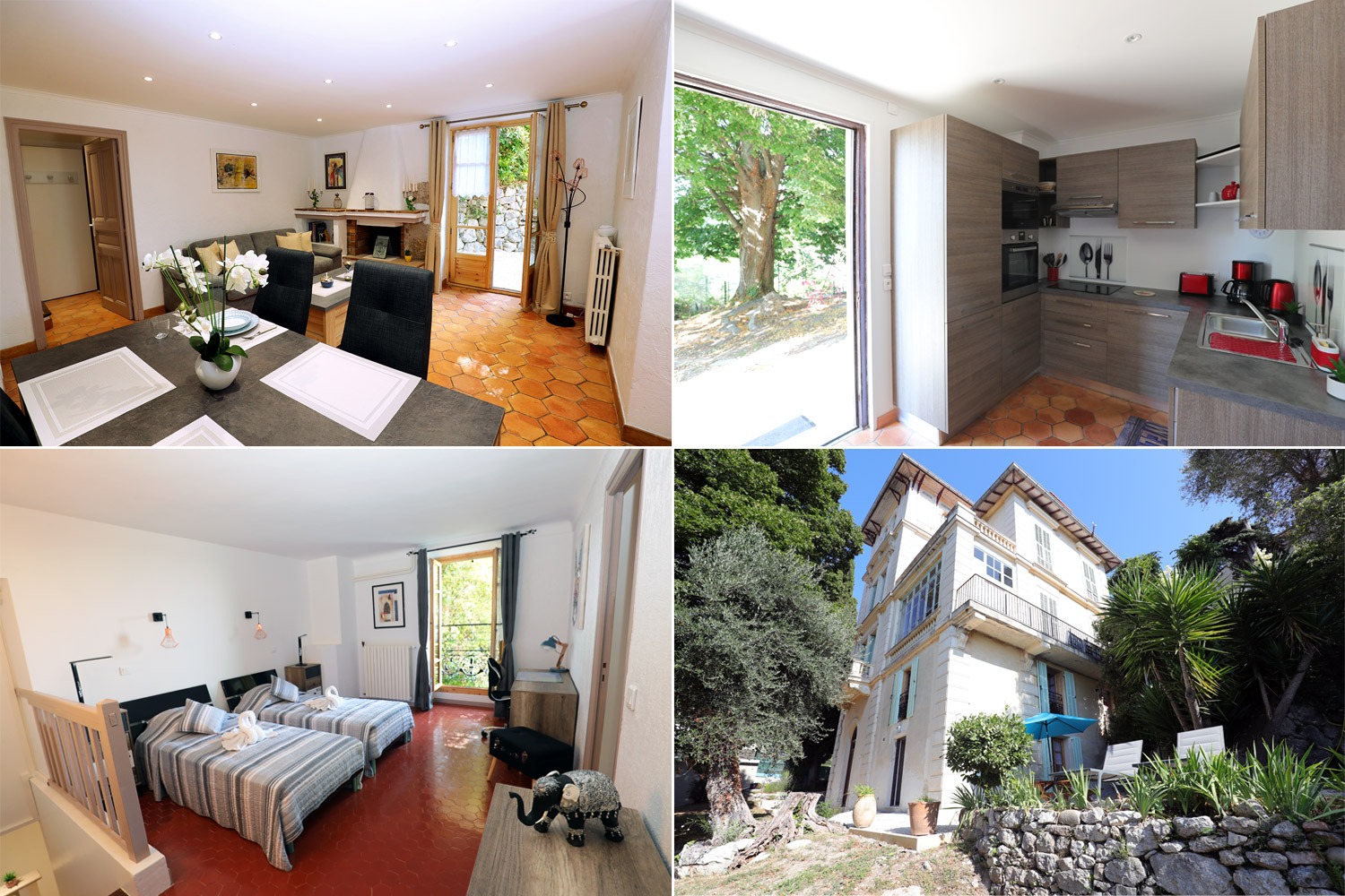Le gîte communal de Carros : séjour, cuisine équipée, chambre et façade