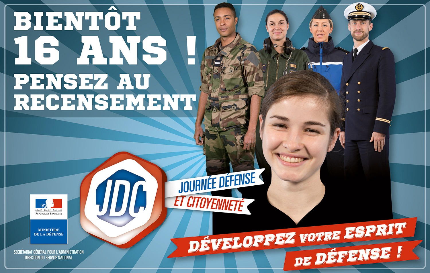 Affiche officielle « Bientôt 16 ans, pensez au recensement » — Journée défense et citoyenneté