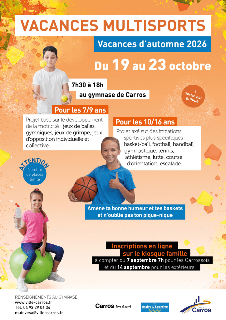 Affiche des stages multisports de Carros du 19 au 23 octobre 2026, de 7h30 à 18h au gymnase, pour les 7-9 ans et les 10-14 ans