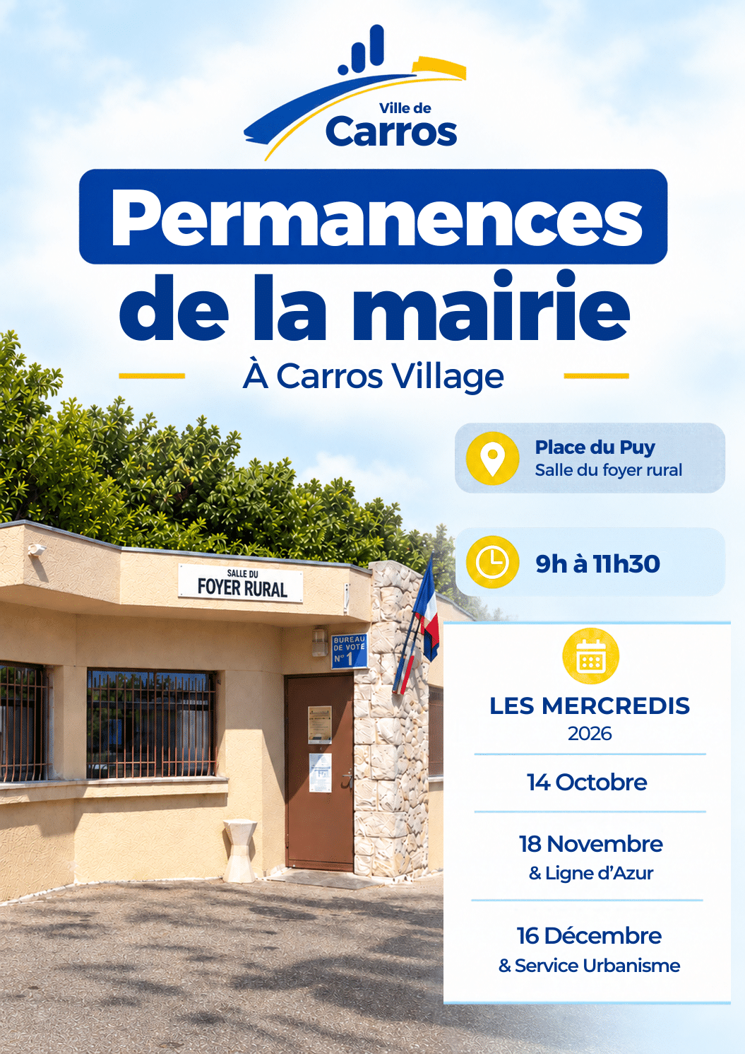 Affiche des permanences de la mairie à Carros Village, place du Puy, salle du foyer rural, de 9h à 11h30, les mercredis 14 octobre, 18 novembre et 16 décembre 2026
